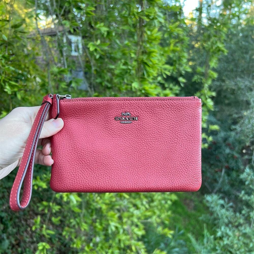 COACH Women's Small Pebble Leather Wristlet Cherry Red/Pink Clutch Wallet NWT